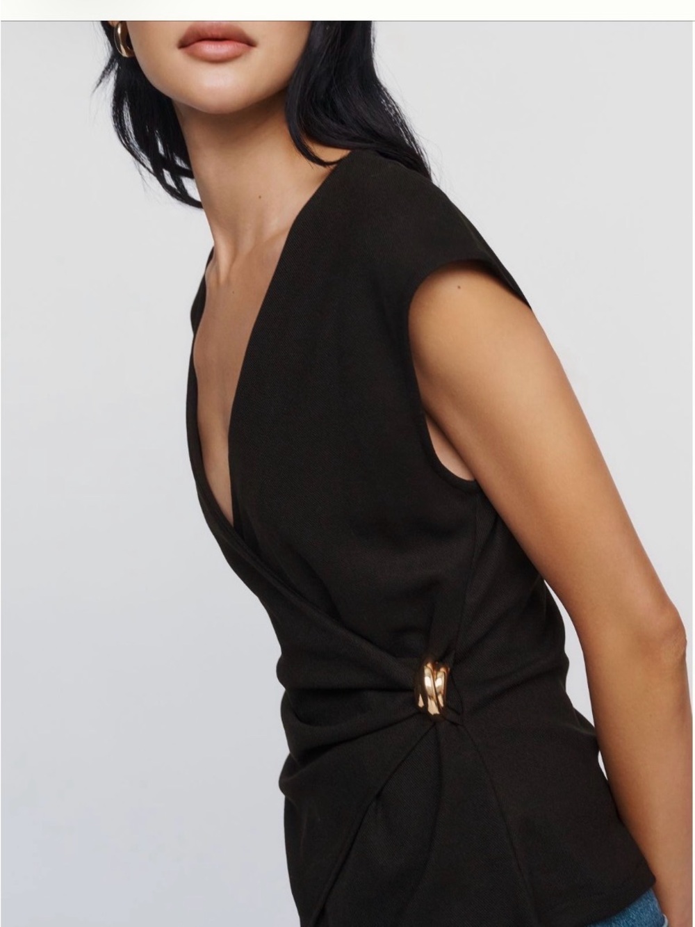 Maeve Anthropologie Black Sleeveless Wrap Top with Gold Ring - Picture 2 of 8